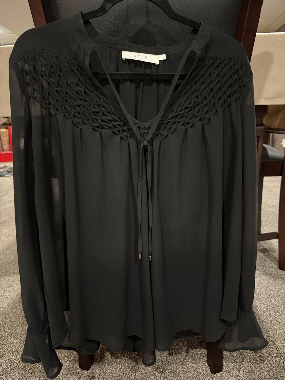 ASTR Black Smocked Yoke Tie-Front Peasant Blouse